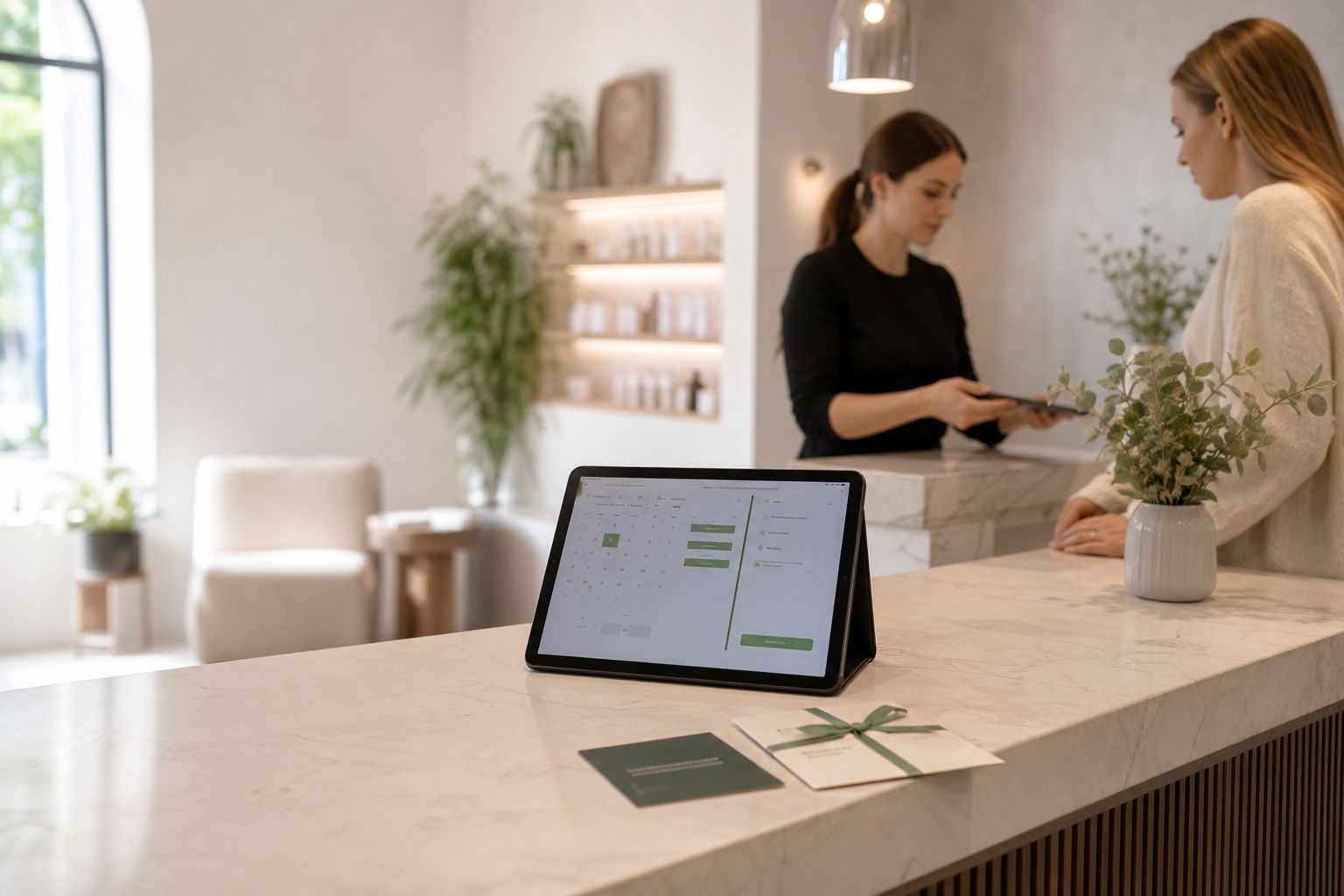 Spa reception desk with a tablet, membership card and voucher prepared for a client