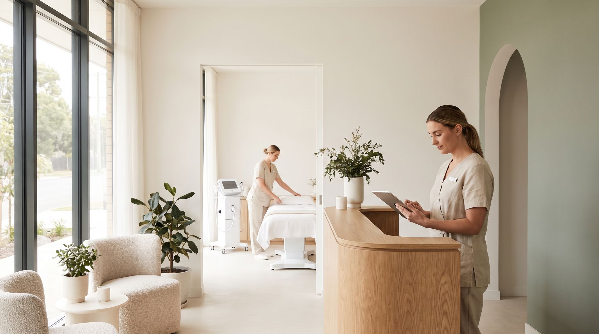 Front desk manager reviewing the day's schedule on a tablet, with a treatment room and device being prepared behind her
