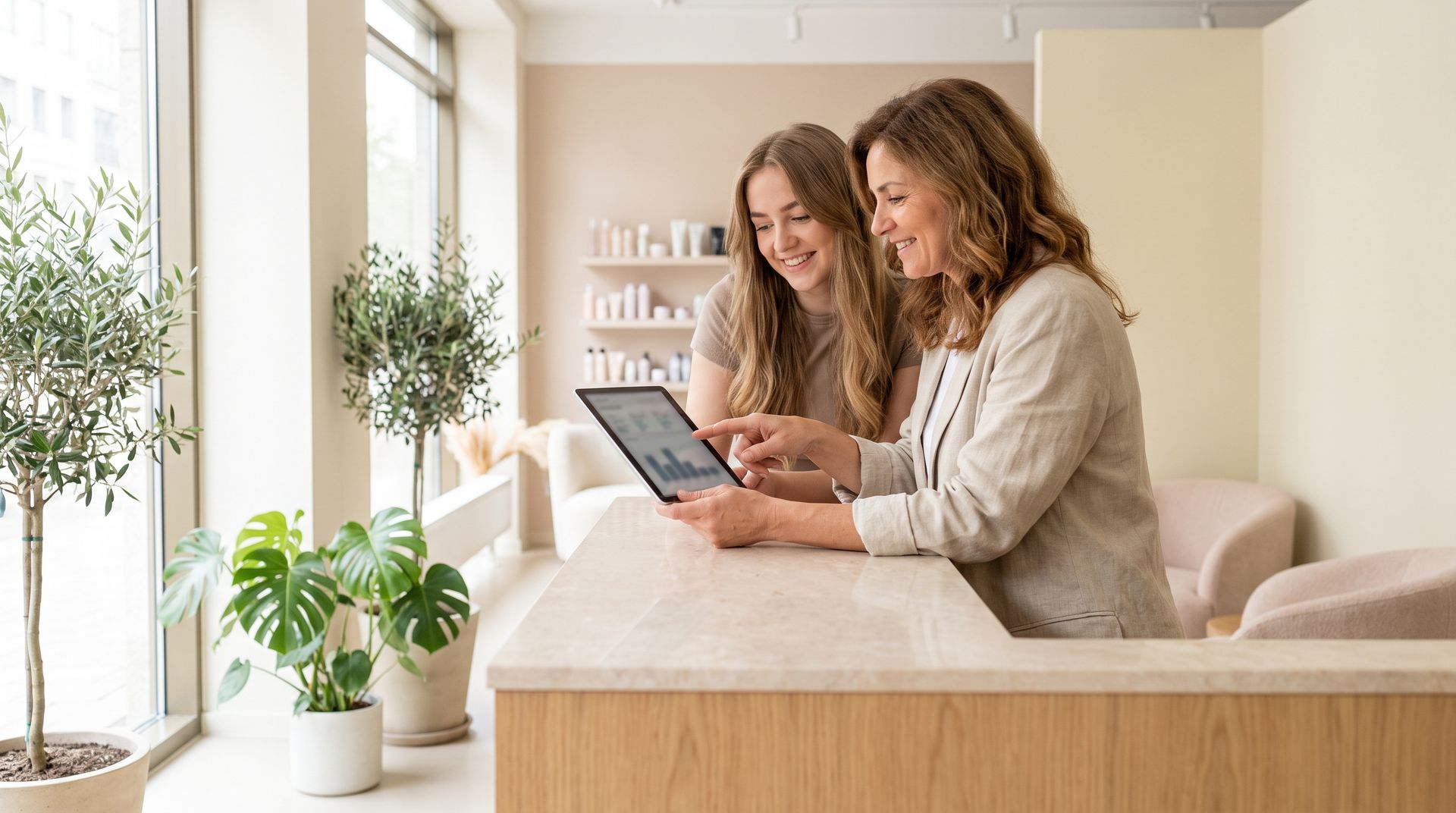 A senior specialist showing a new colleague the day's schedule at the reception desk of a service business