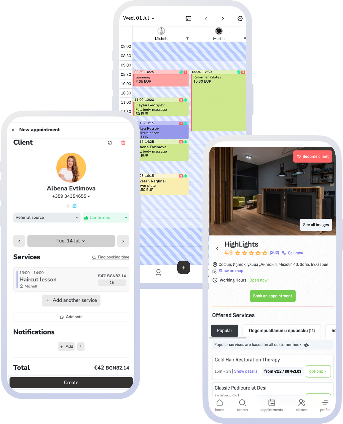 Client profile, history, and data supporting repeat visits.