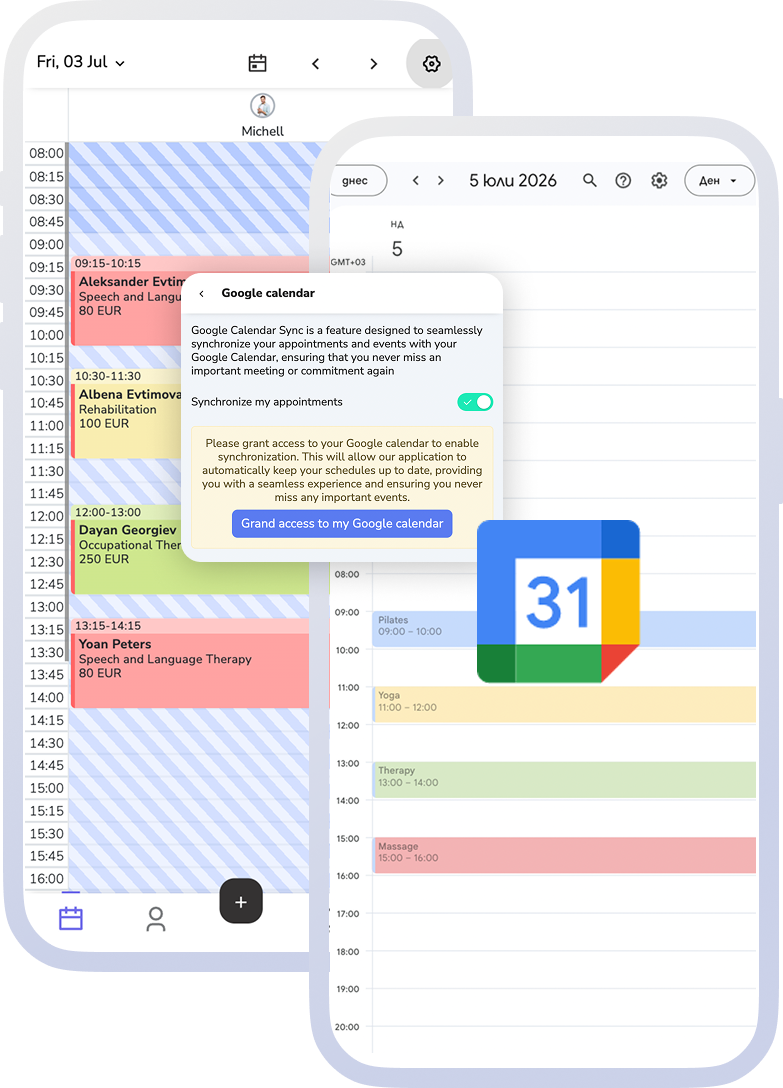 Mobile calendar with appointments synchronized with the working schedule.