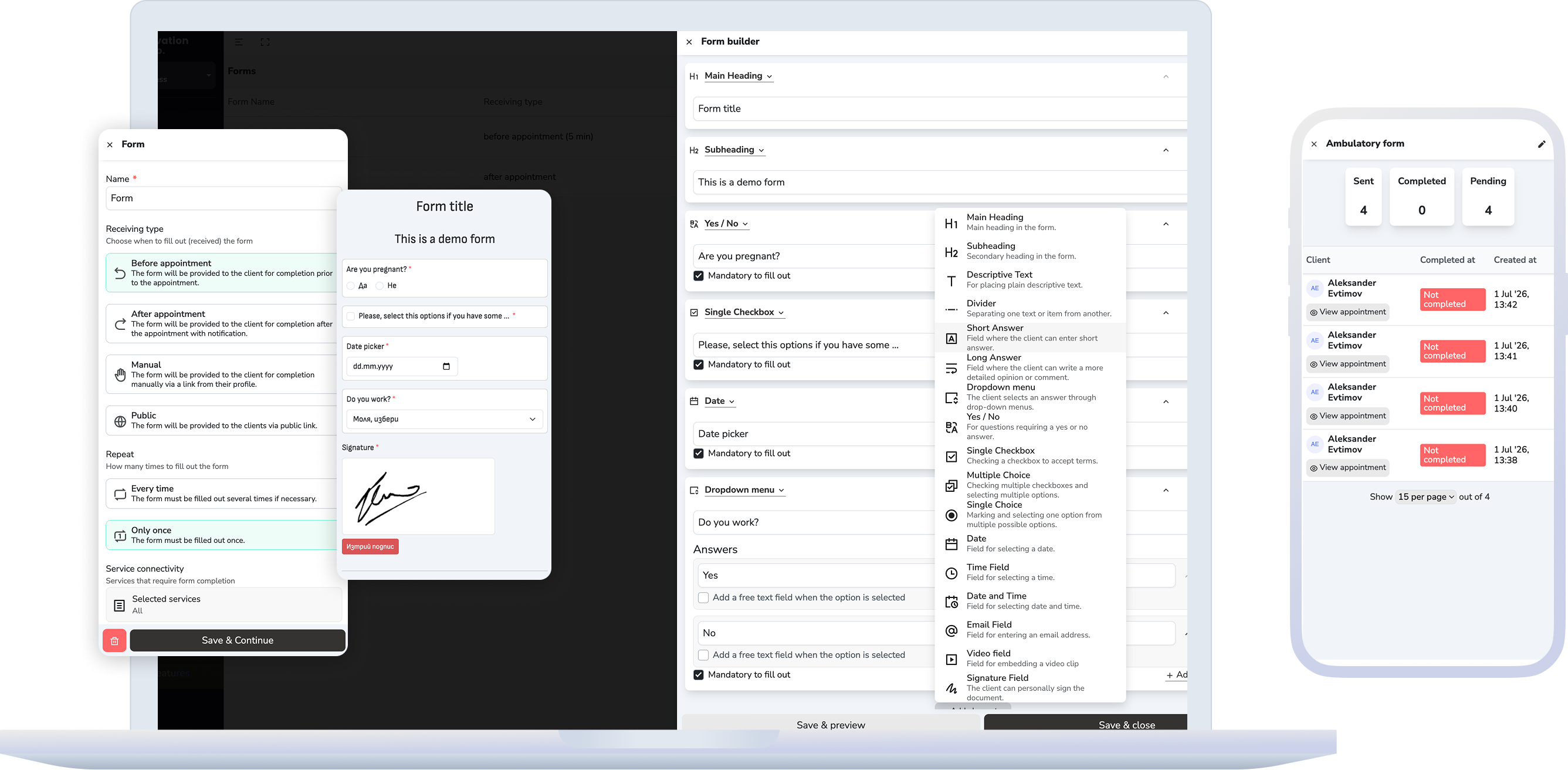 Forms, client profile, and client rights connected to pre-visit preparation.