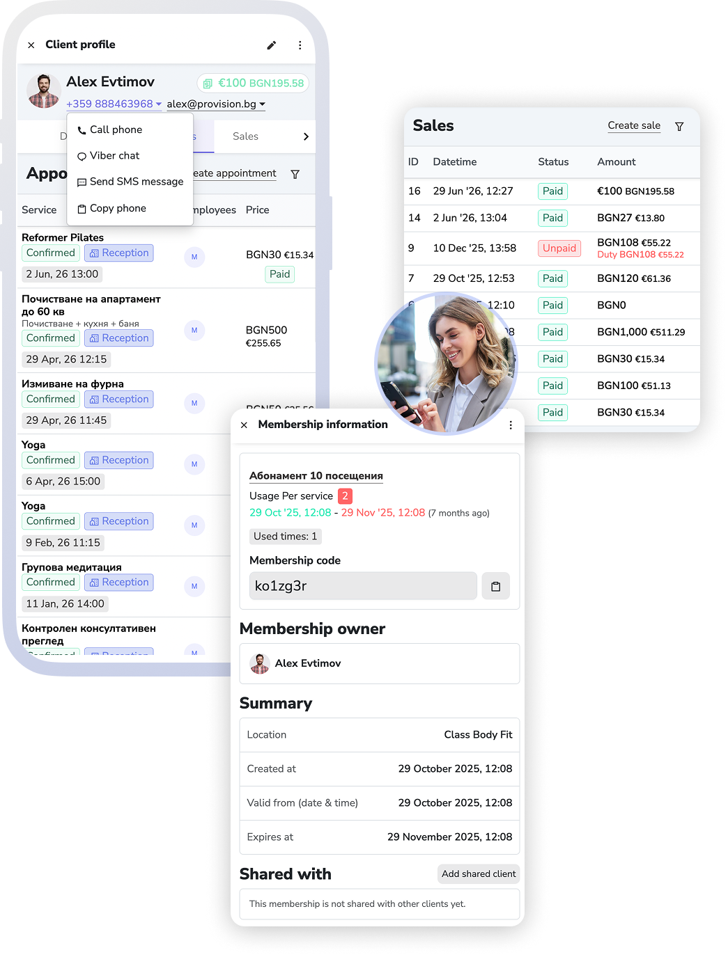 Client list and client profile inside Reservation.Studio Business.