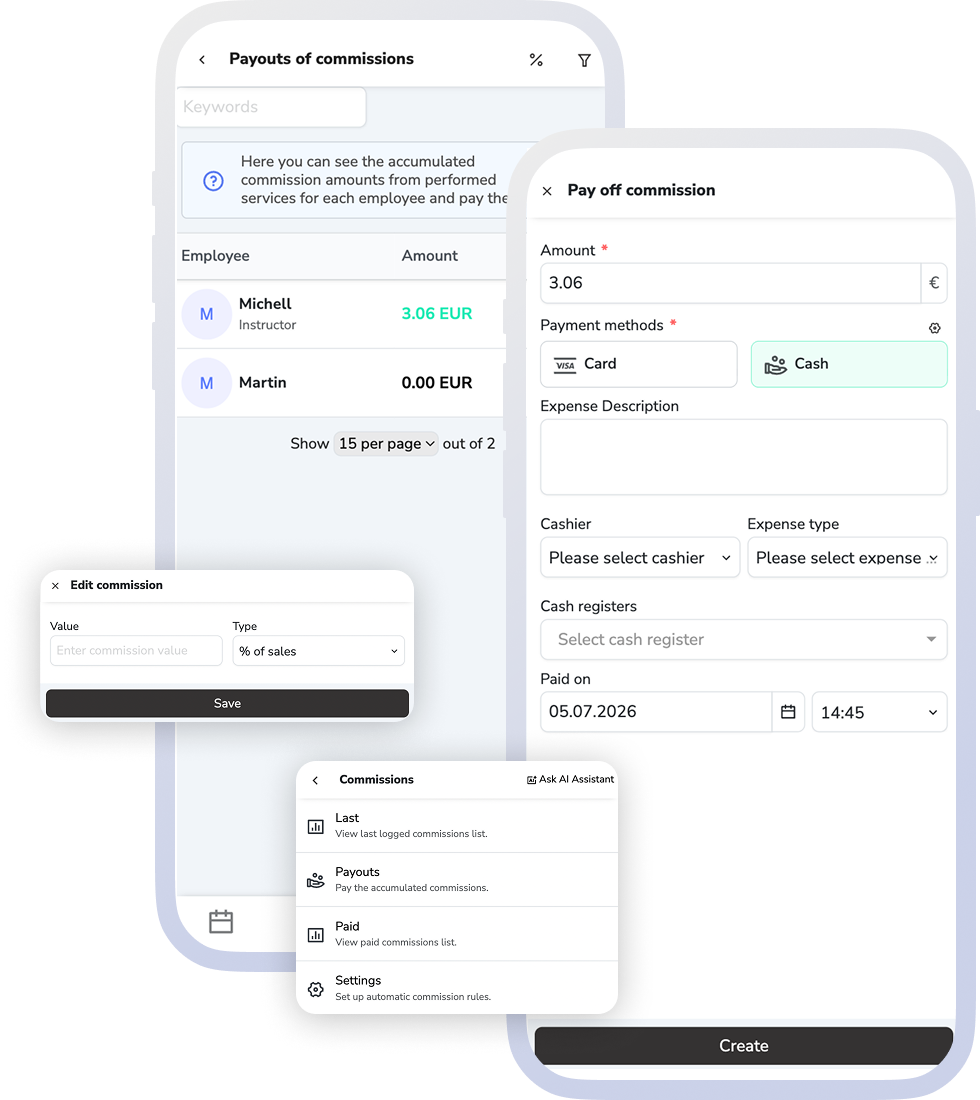 Financial view that connects payments with commission tracking.