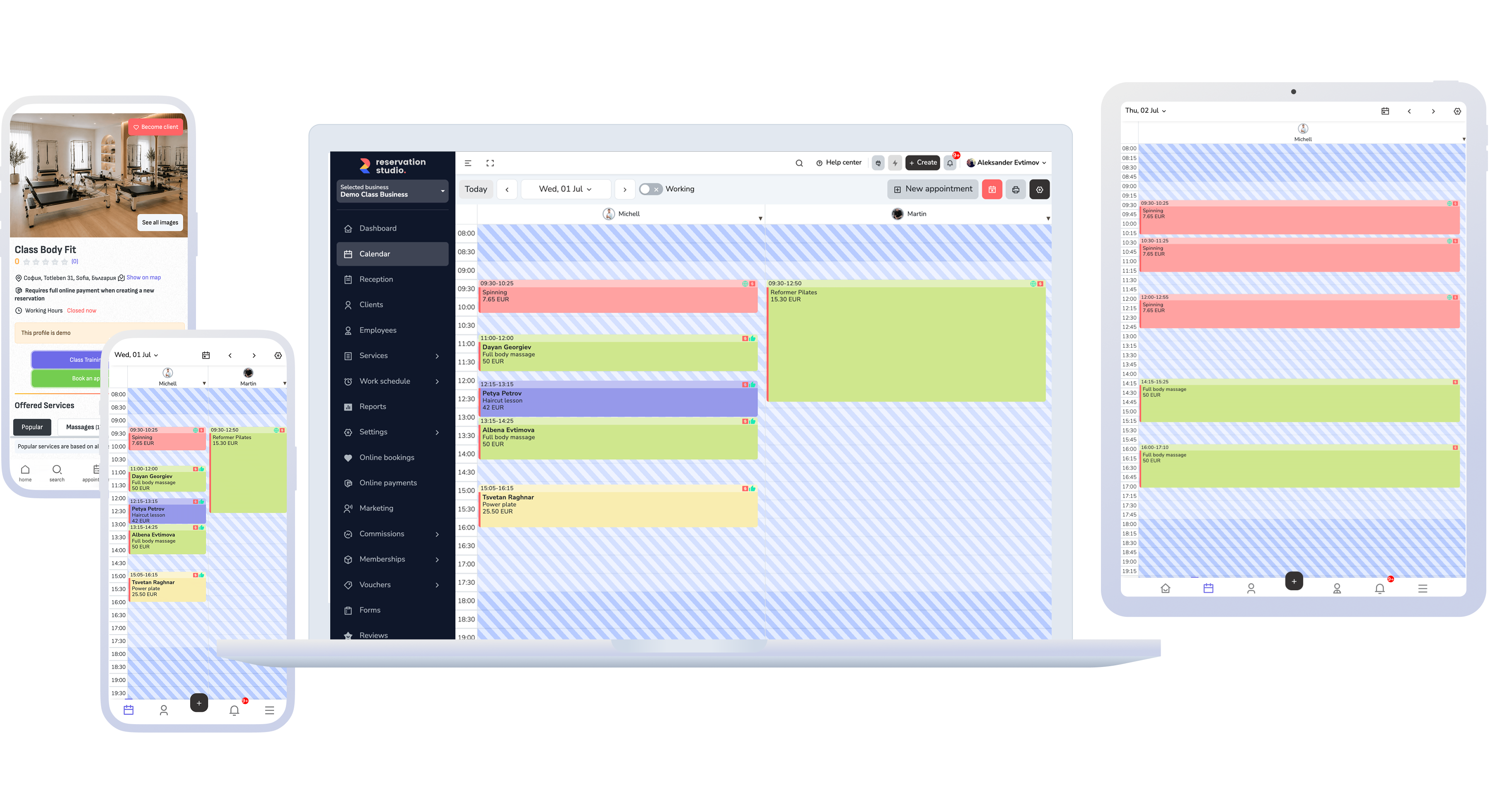 Reservation.Studio Business across browser, mobile, and work surfaces depending on the role.