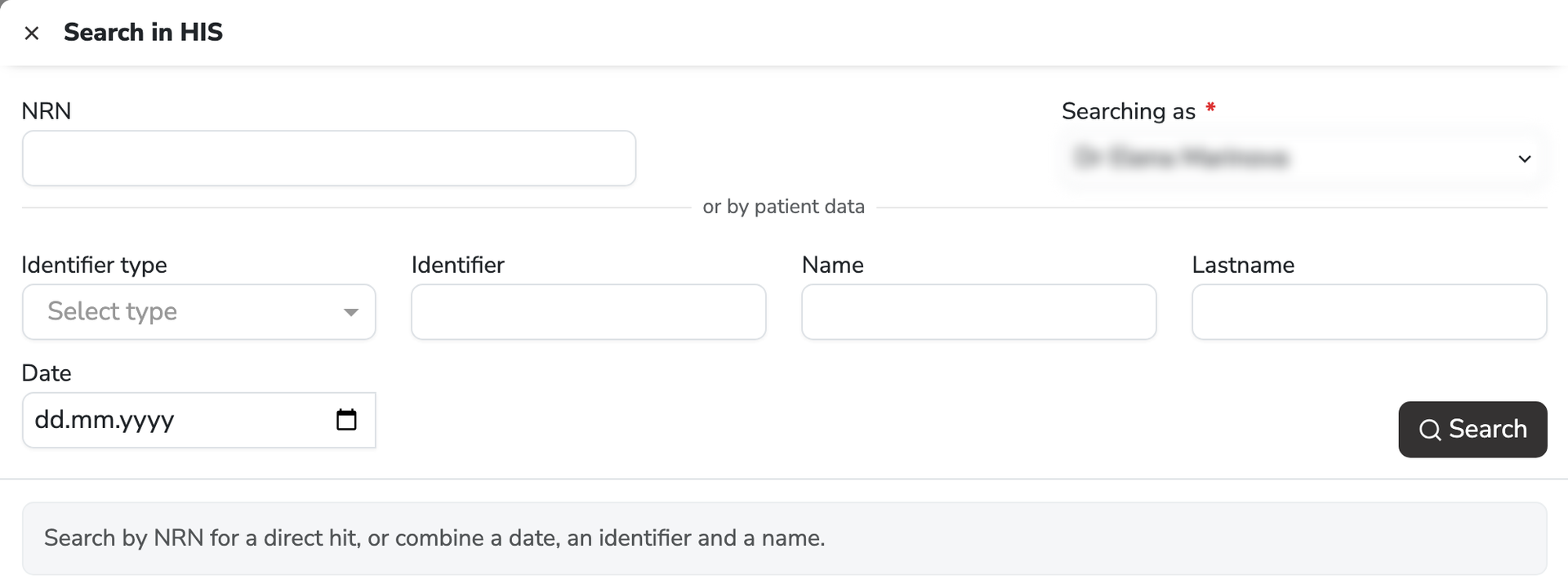 Search in HIS by NRN or by patient data, on behalf of a selected specialist.