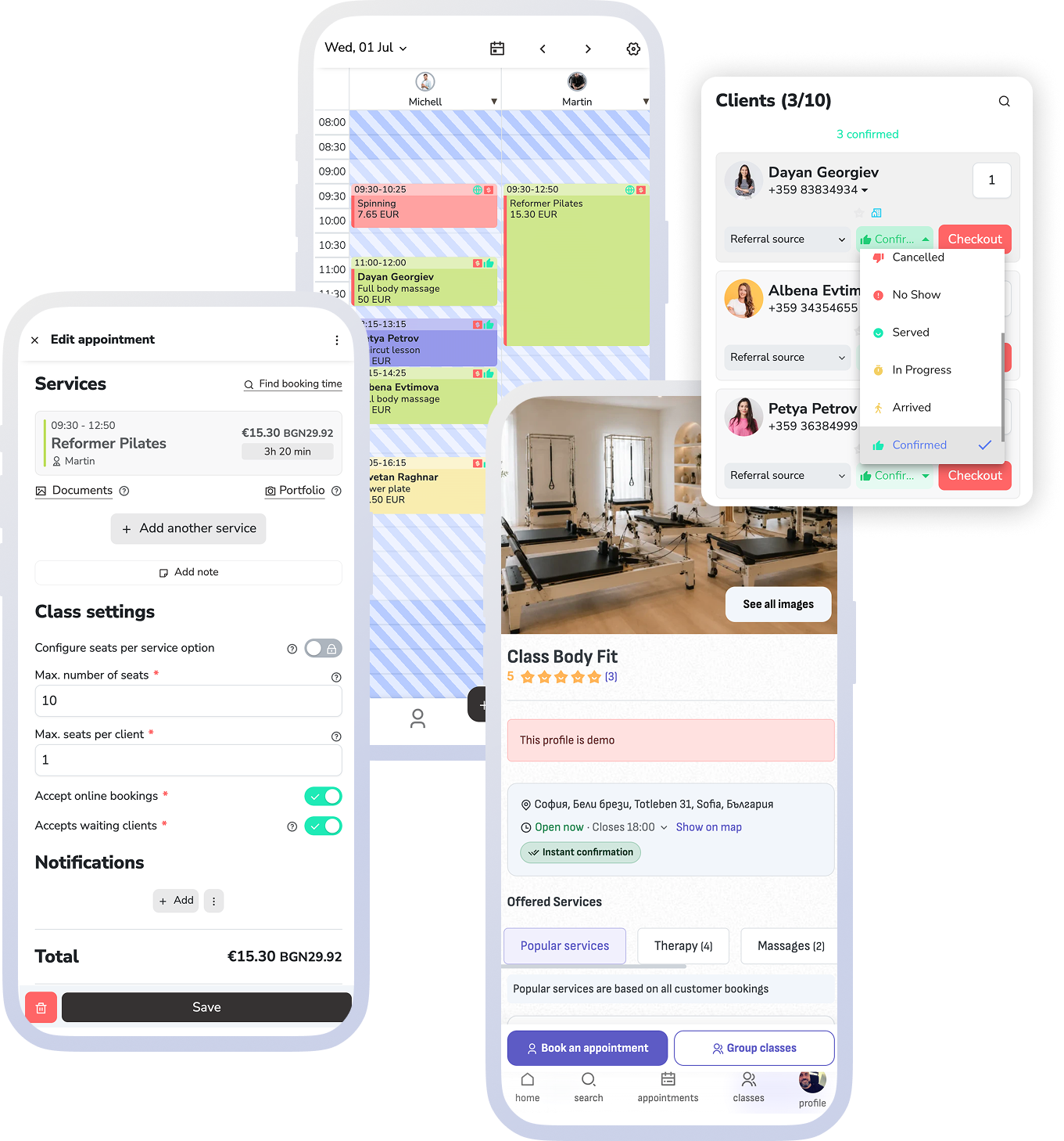 Group settings for capacity, waitlists, and online booking.