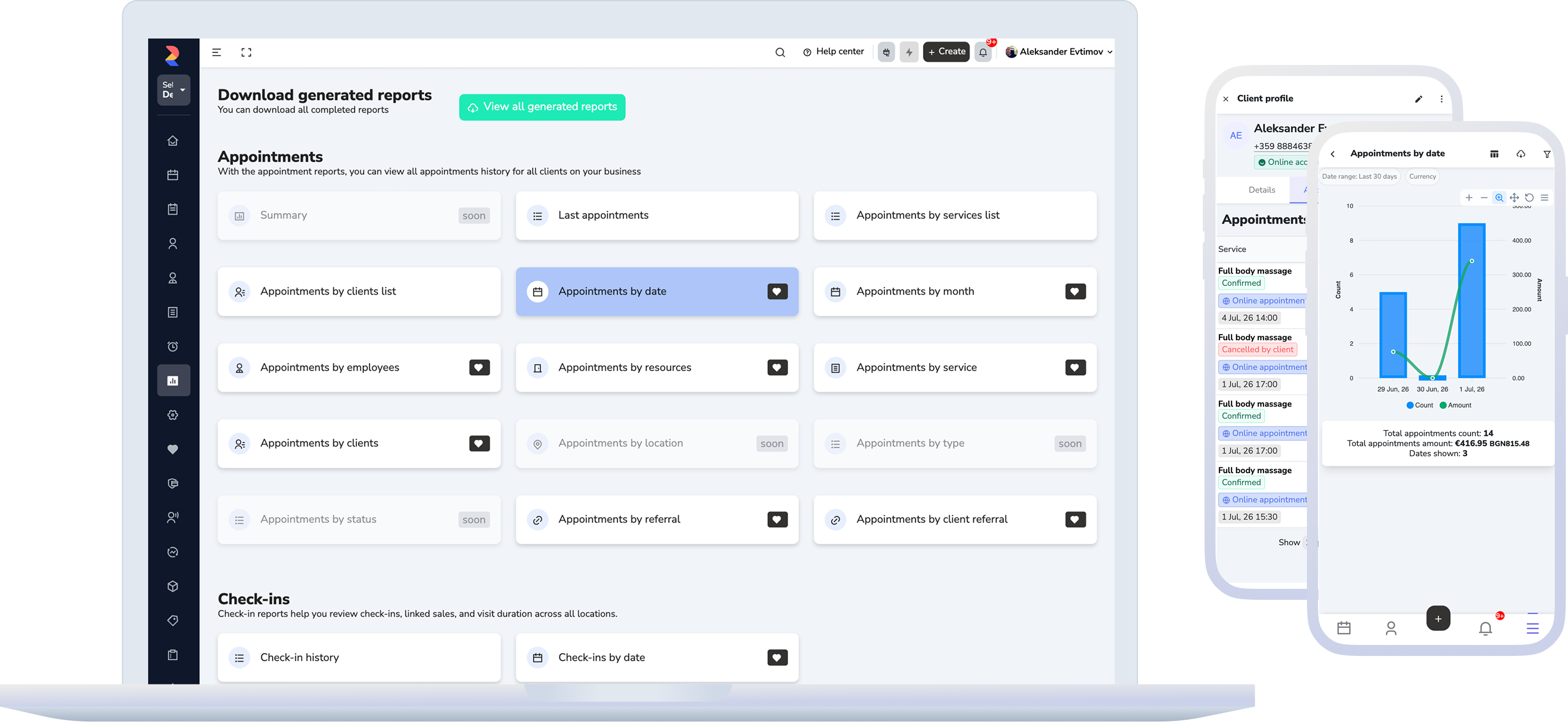 Reports, client analytics, and messaging as one view of growth and performance.