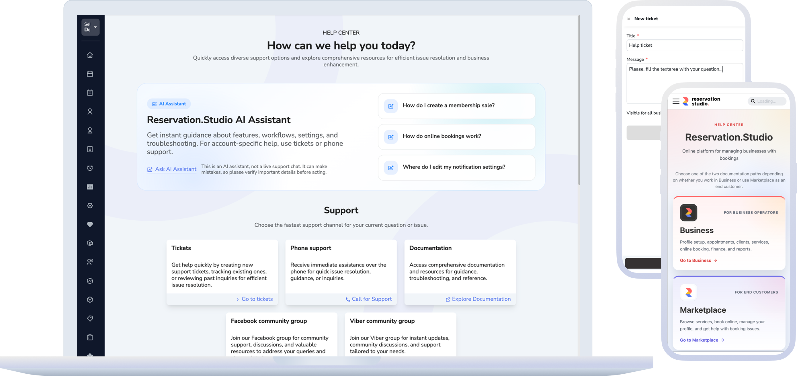 Help Center, AI assistant, and ticket path as structured channels for onboarding and daily support.