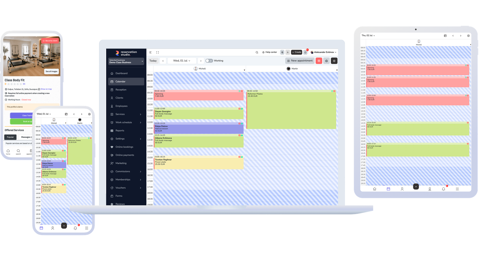 Reservation.Studio Business showing calendar, booking details, client context, and front desk workflow.