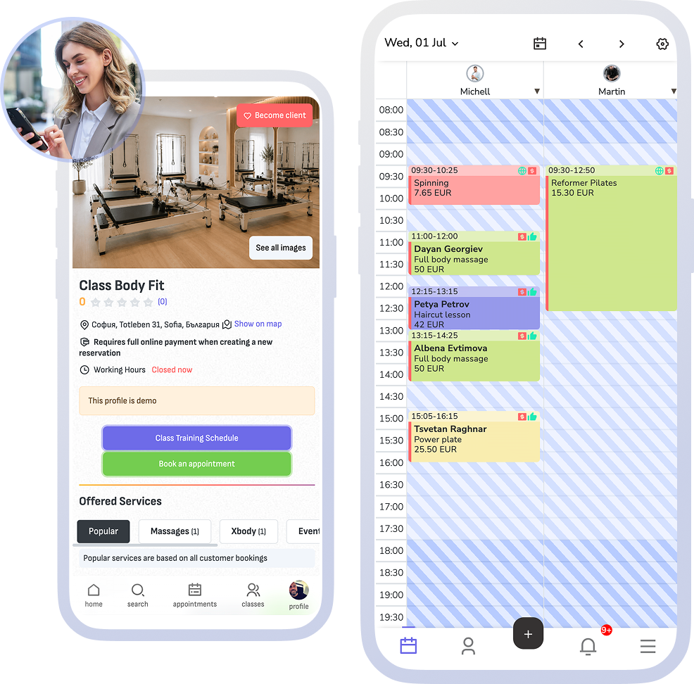 Public booking, calendar, and notifications connected to the team workspace.