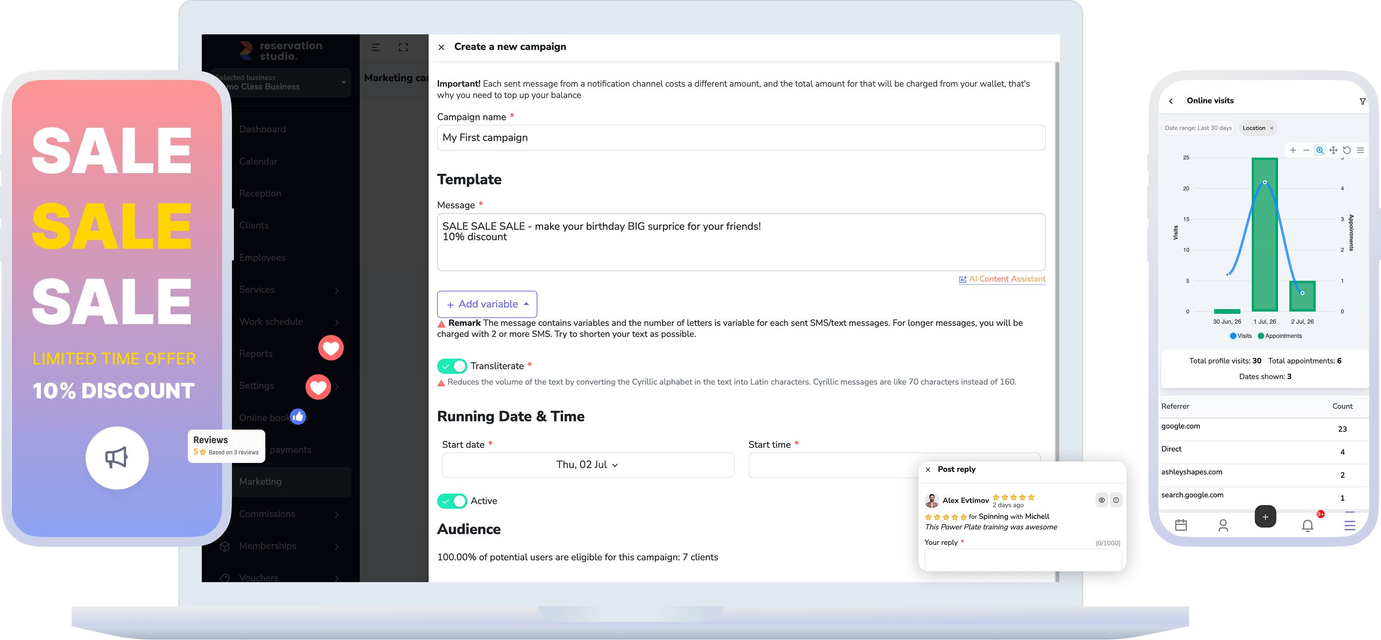 Client reports, analytics, and messaging that support marketing and retention.
