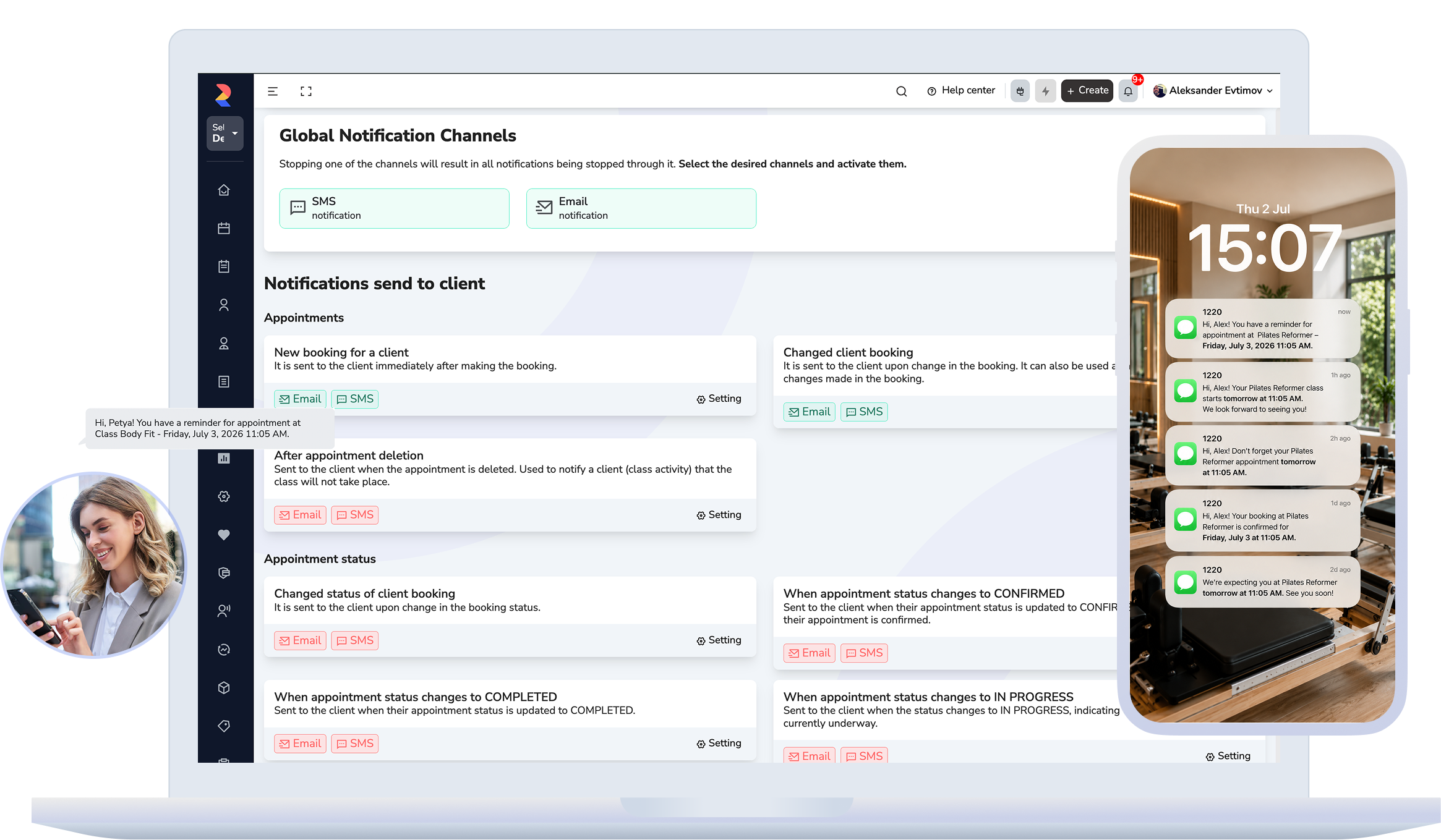 Public booking and client notifications connected to the appointment.