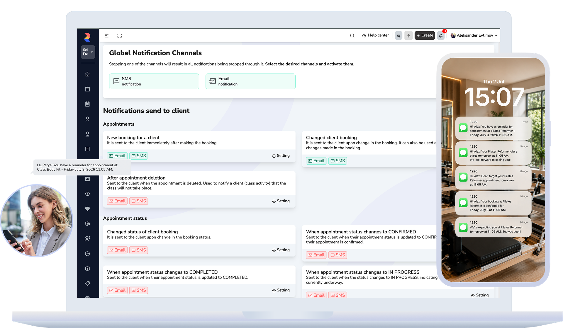 Public booking and client notifications connected to the appointment.