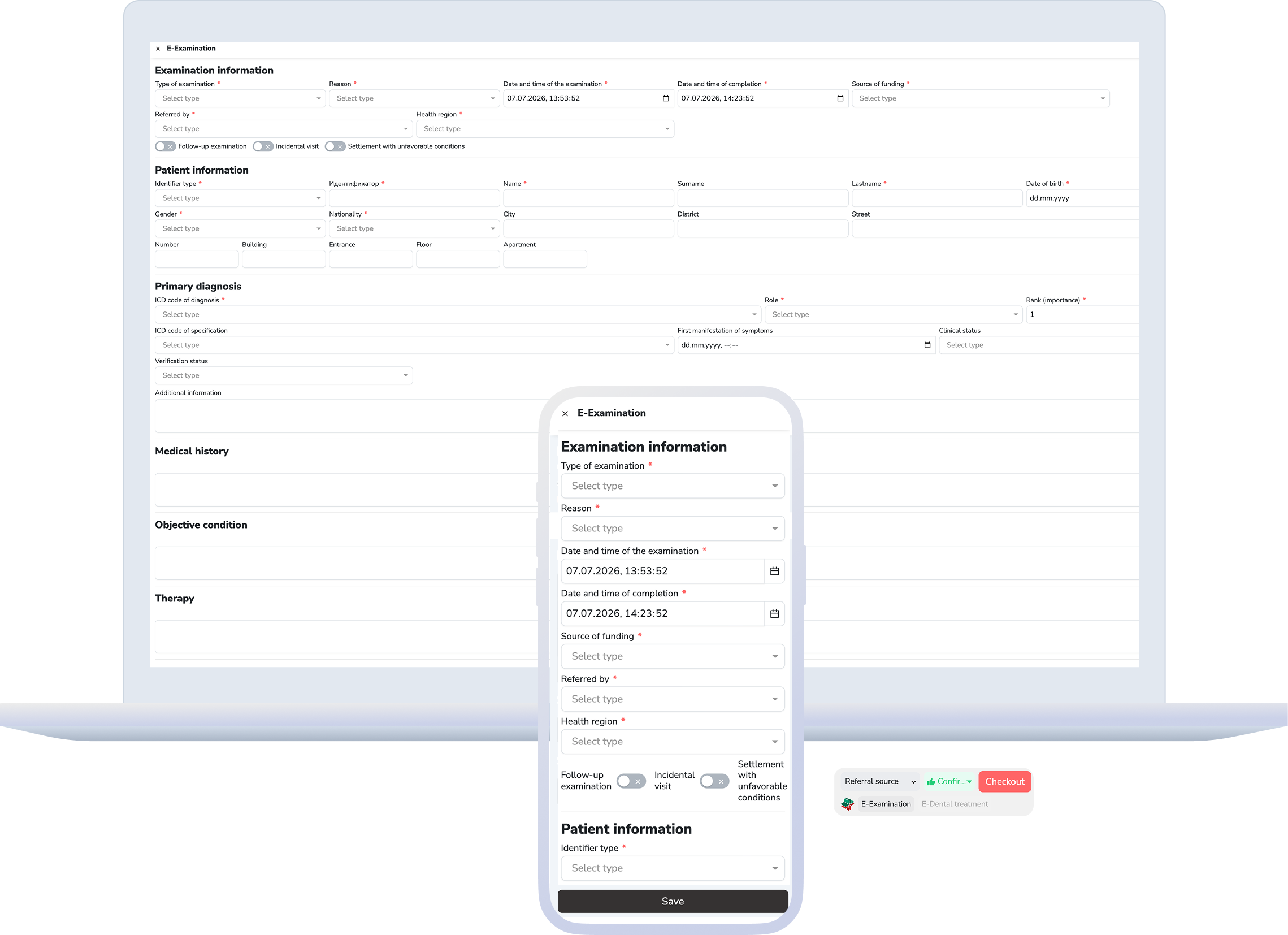 Patient profile, forms, and important visit context.
