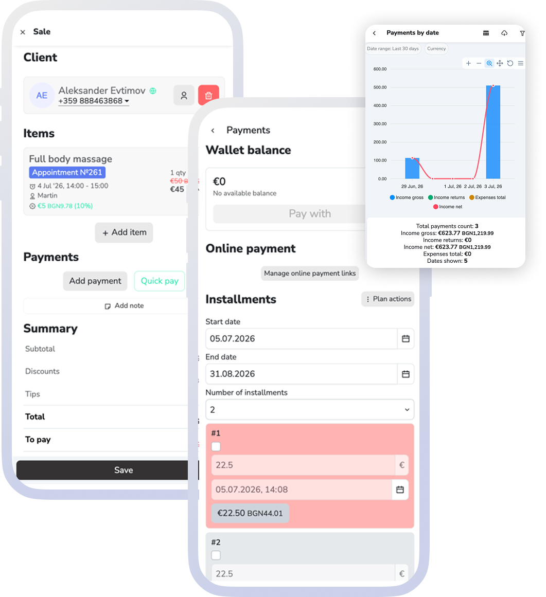 Booking and payment reports with revenue and status details.