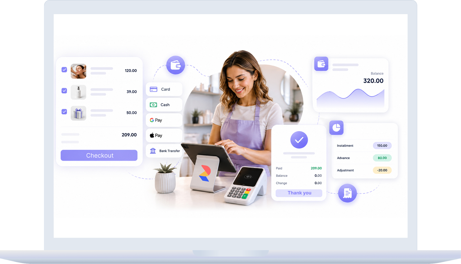A client paying at reception where services, products, and balances need to close in one flow.