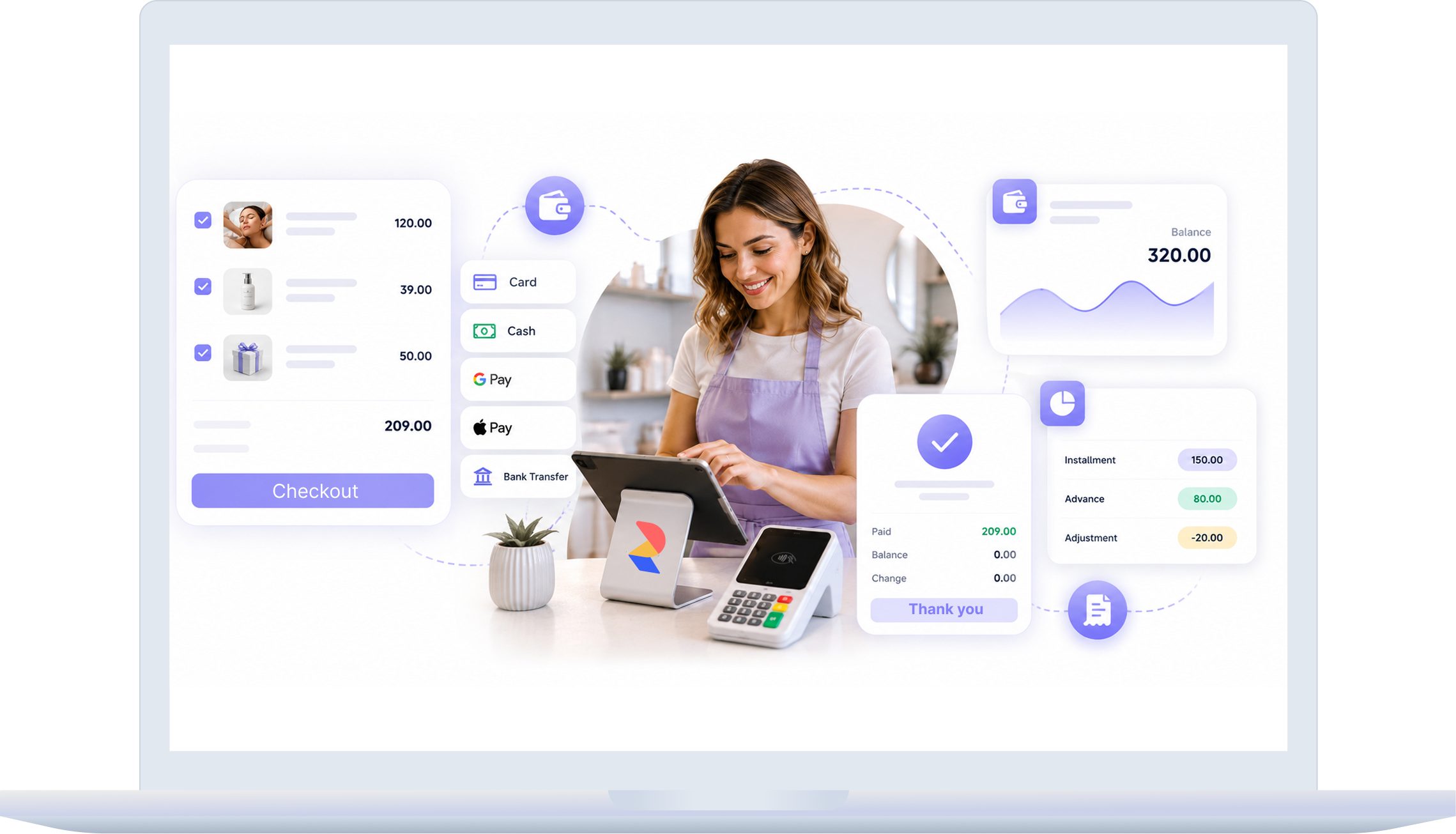 A client paying at reception where services, products, and balances need to close in one flow.