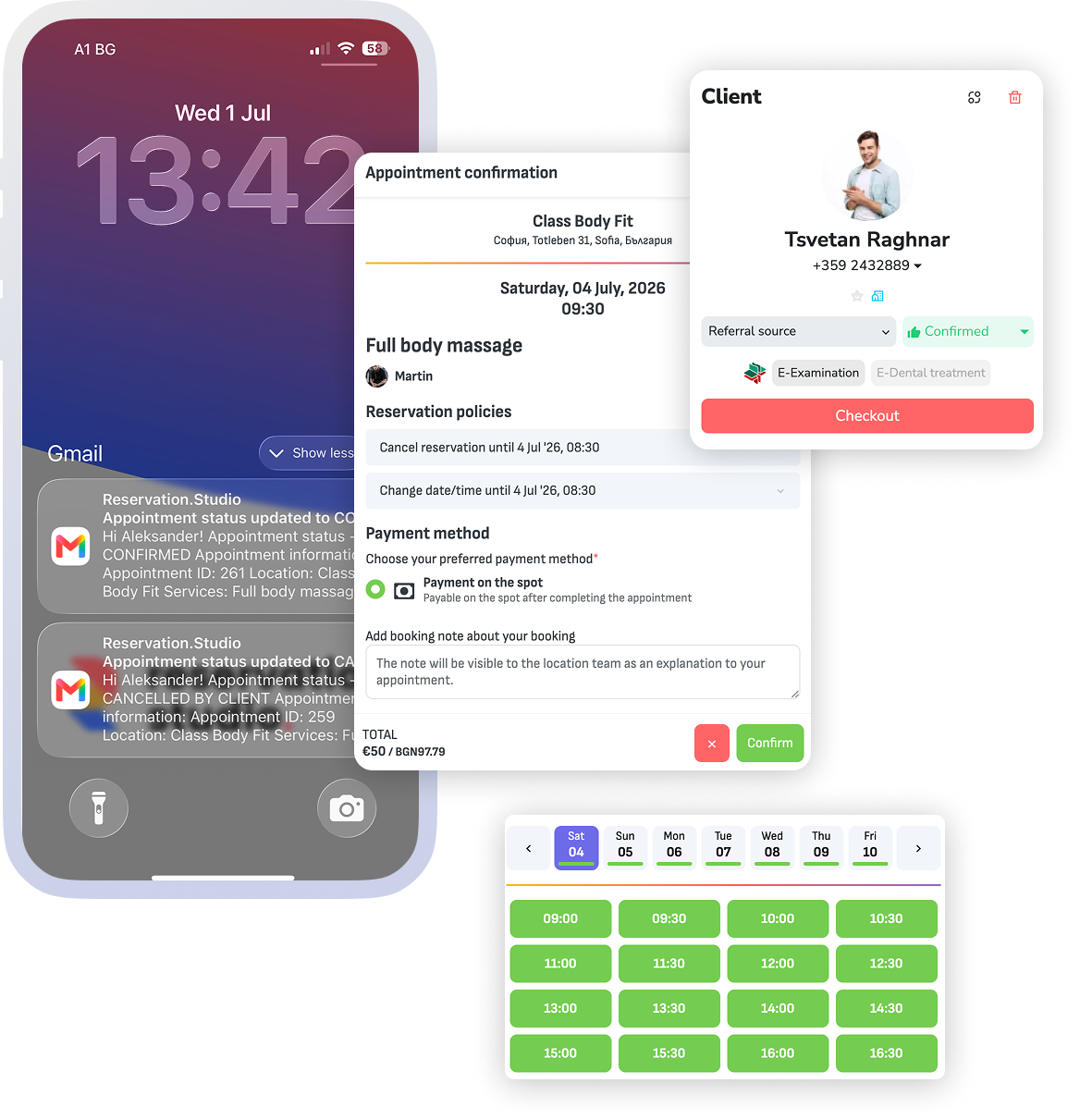 Booking detail with client, service, time, and payment status.