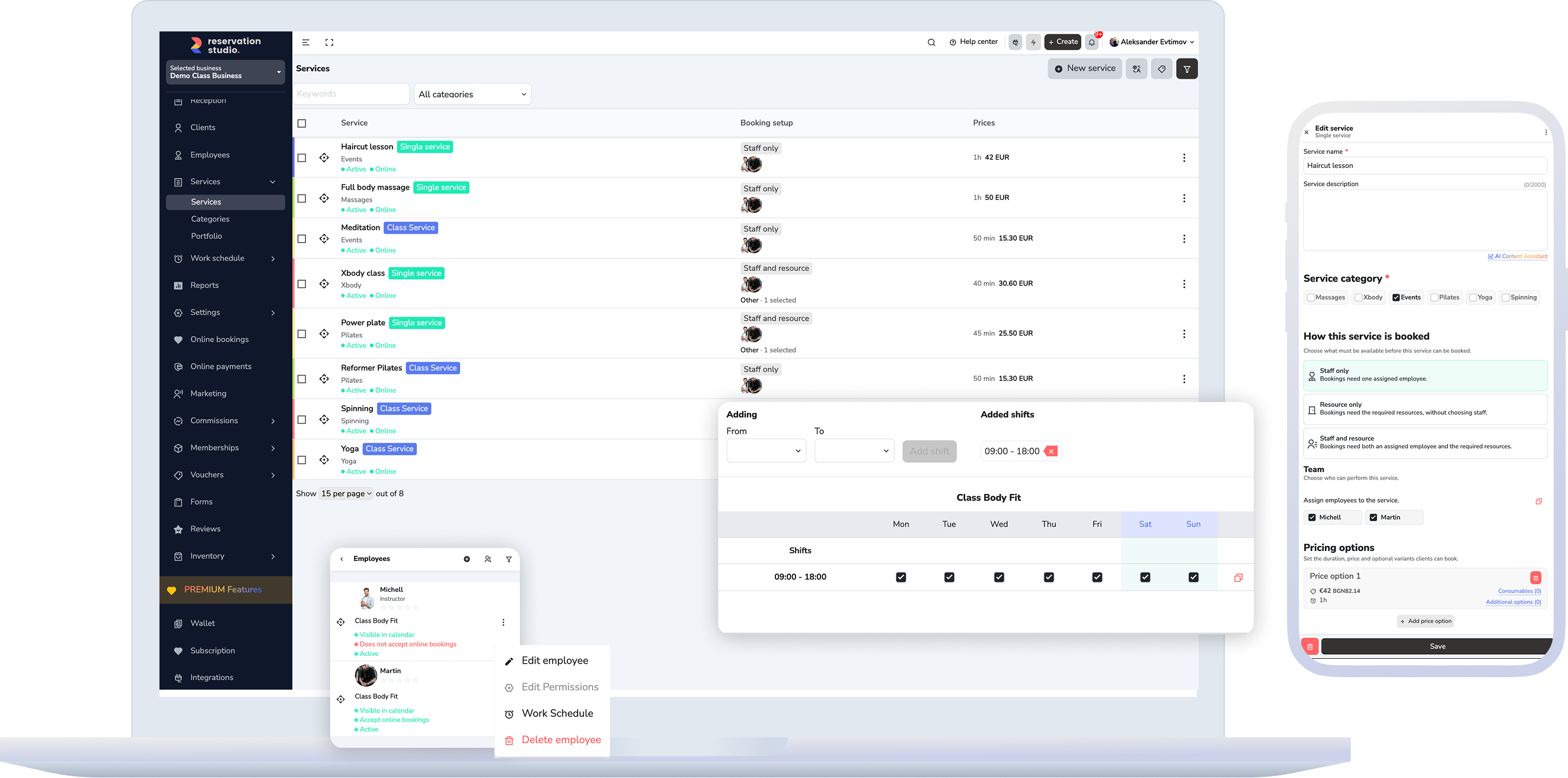 Calendar, services, staff, and real availability in one workflow.